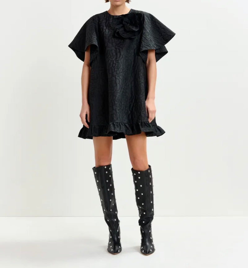 Essentiel Antwerp Jacquard A-Line Mini Dress With Flower Brooch - Black