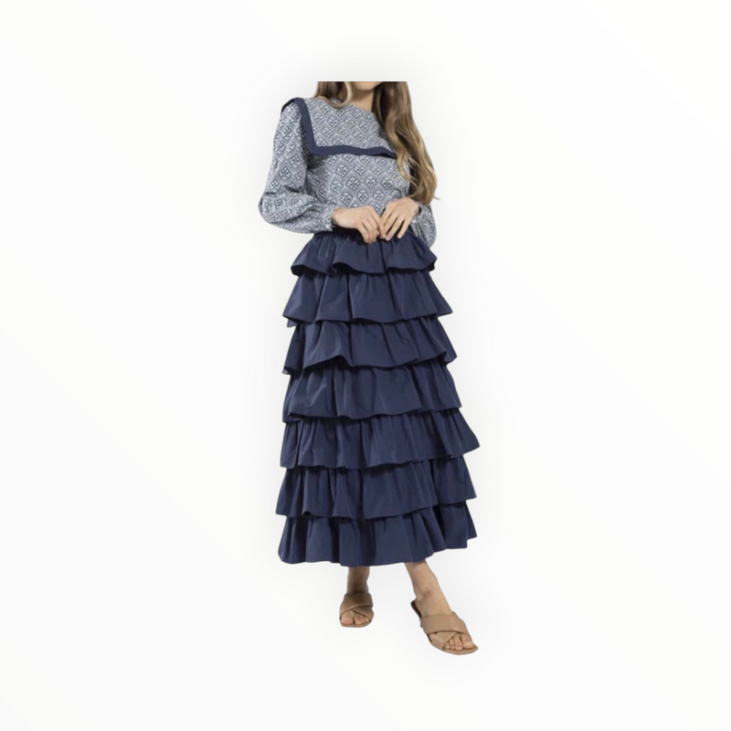 Static Ruffle Layered Midi Skirt - Navy