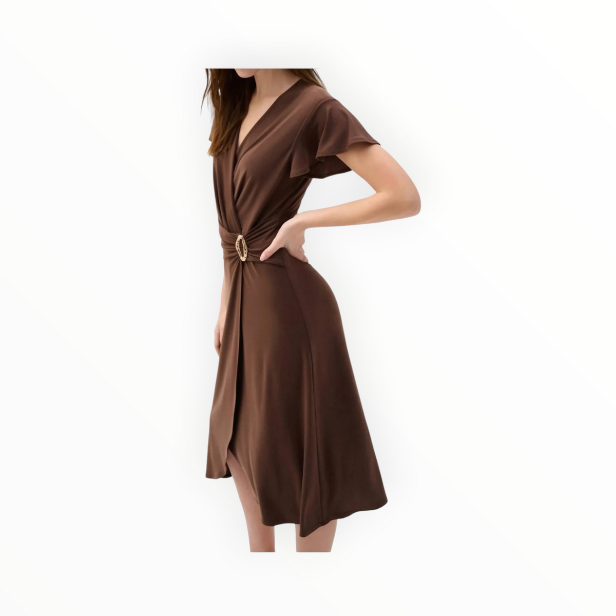 Joseph Ribkoff Flutter Sleeve Midi Dress - Mahogany