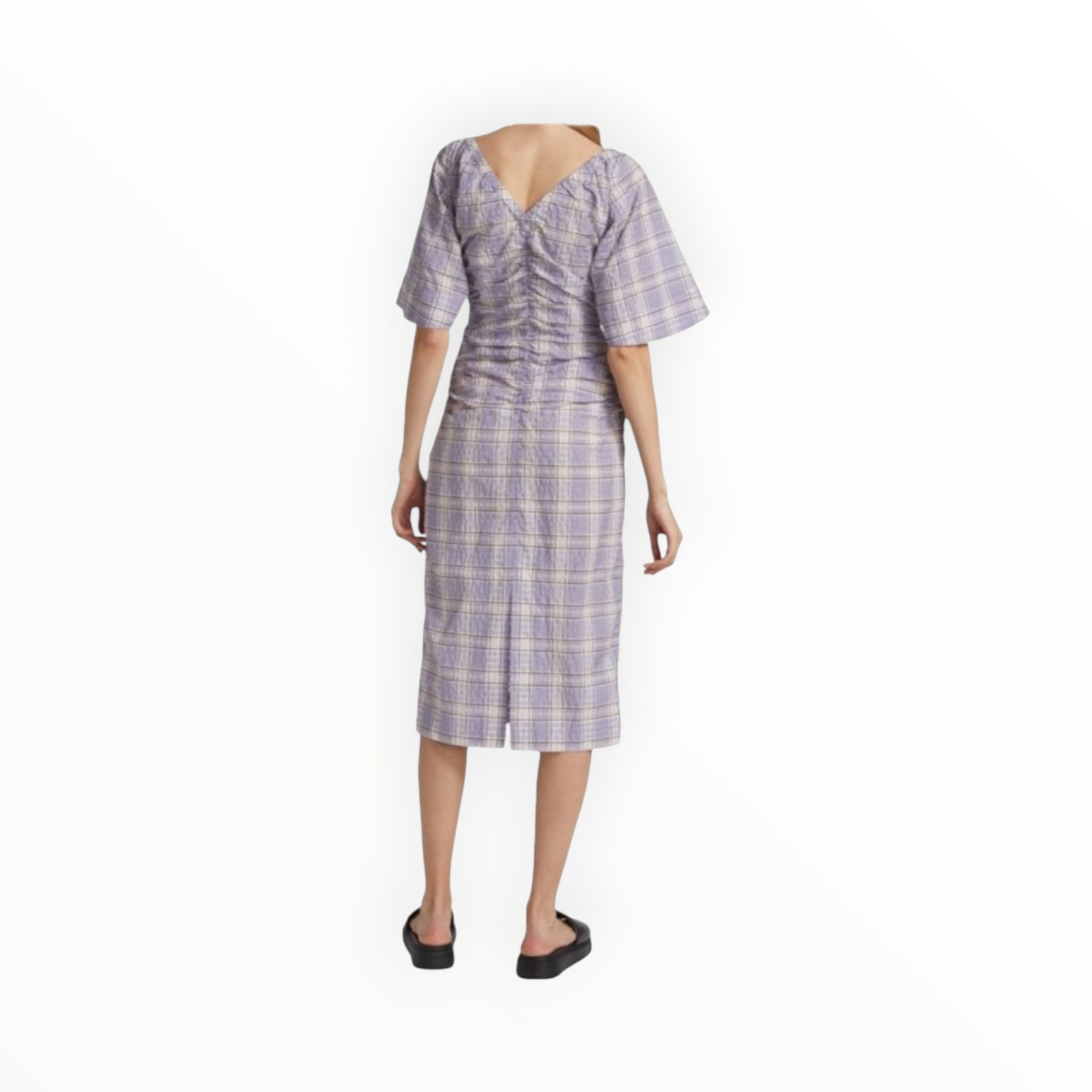 GANNI Seersucker Check V-Neck Midi-Dress - Persian Violet