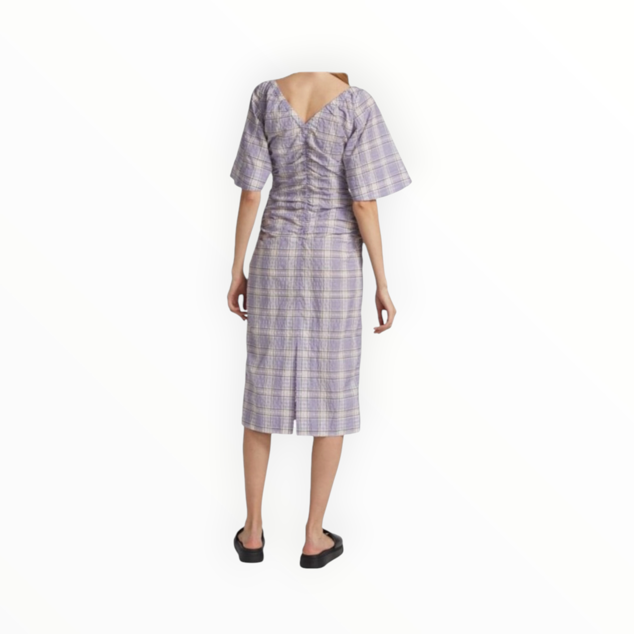 GANNI Seersucker Check V-Neck Midi-Dress - Persian Violet