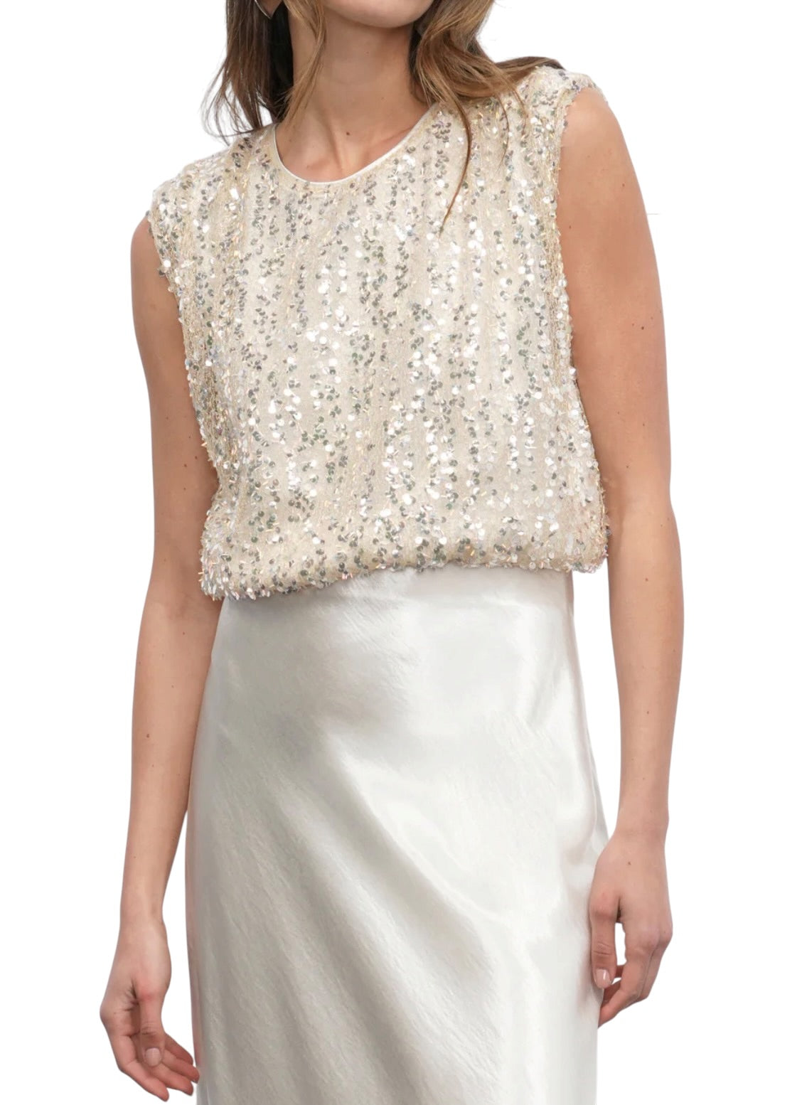 Greylin Liberty Padded Shoulder Bubble Hem Sequin Top - Pearl
