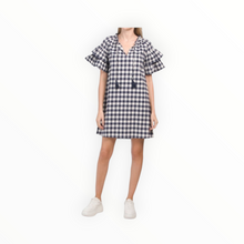 Sail to Sable Gingham Flutter Sleeve Dress With Tassels - Navy/Winter White
