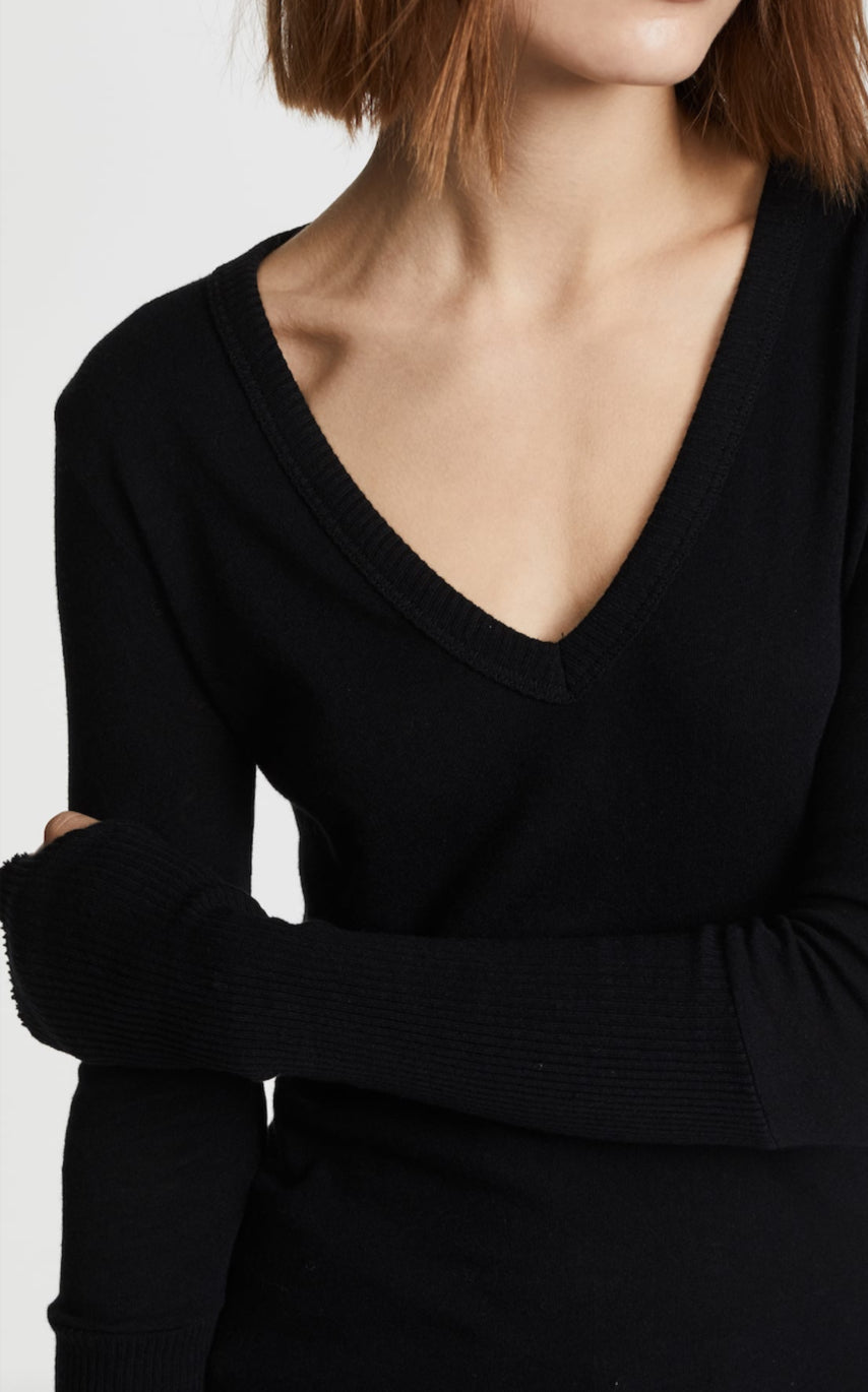 Enza Costa First Layered Cuff V Neck Sweater - Black