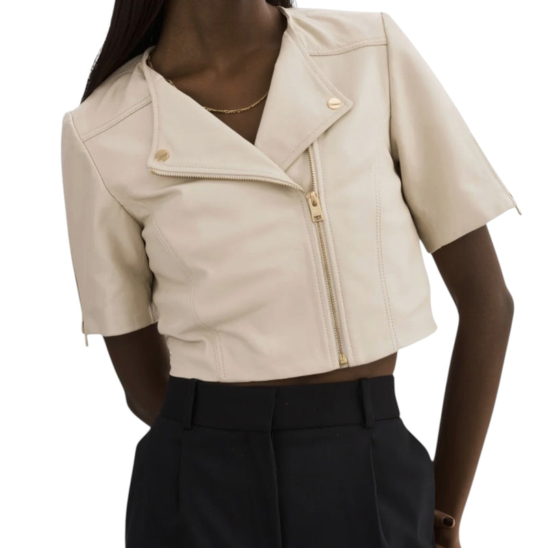 Lamarque Kirsi Gold Cropped Biker Jacket - Bone