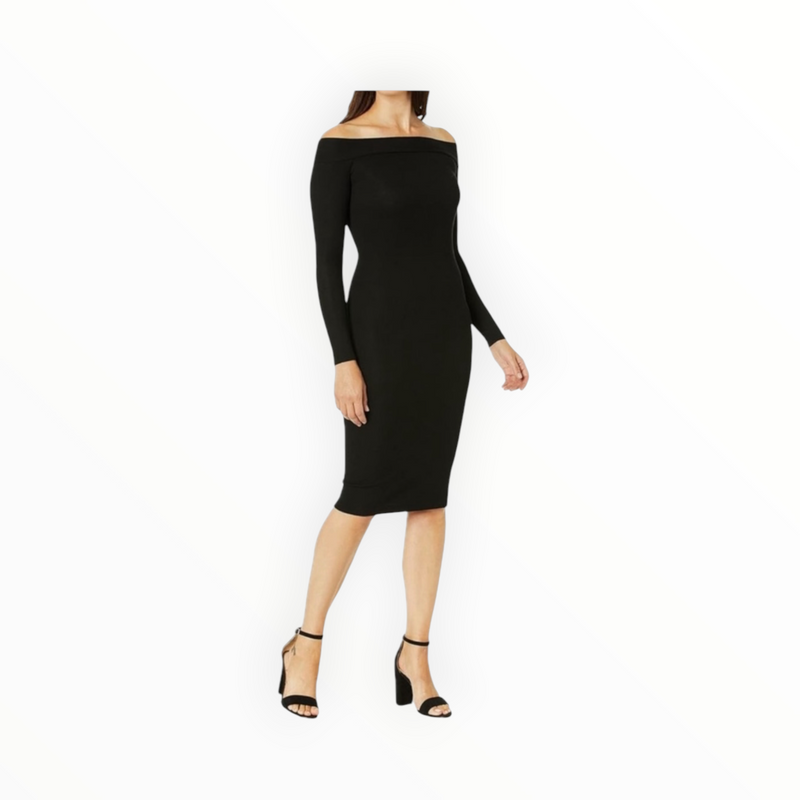 Enza Costa Stretch Silk Rib Exposed Shoulder Midi Dress - Black