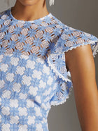 Shoshanna Rachel Embroidered Ruffle Dress - Sky Blue/Optic White