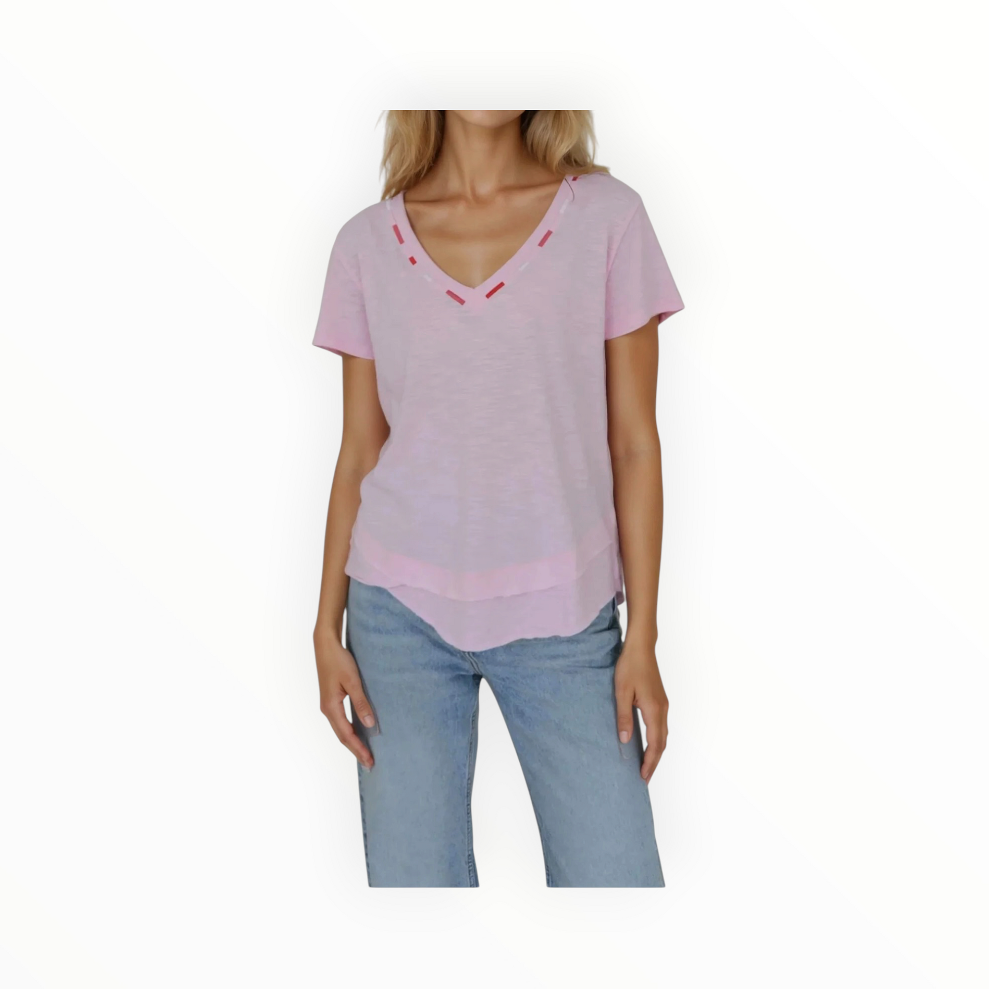 CHRLDR Embroidered Ava V-Neck Tee - Candy Pink