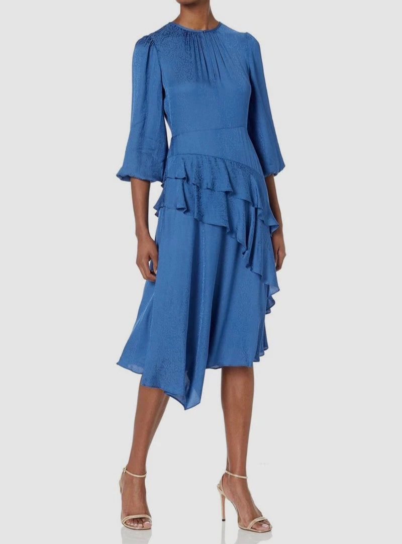 Shoshanna Tara Ruffle Satin Jacquard Dress - Denim Blue