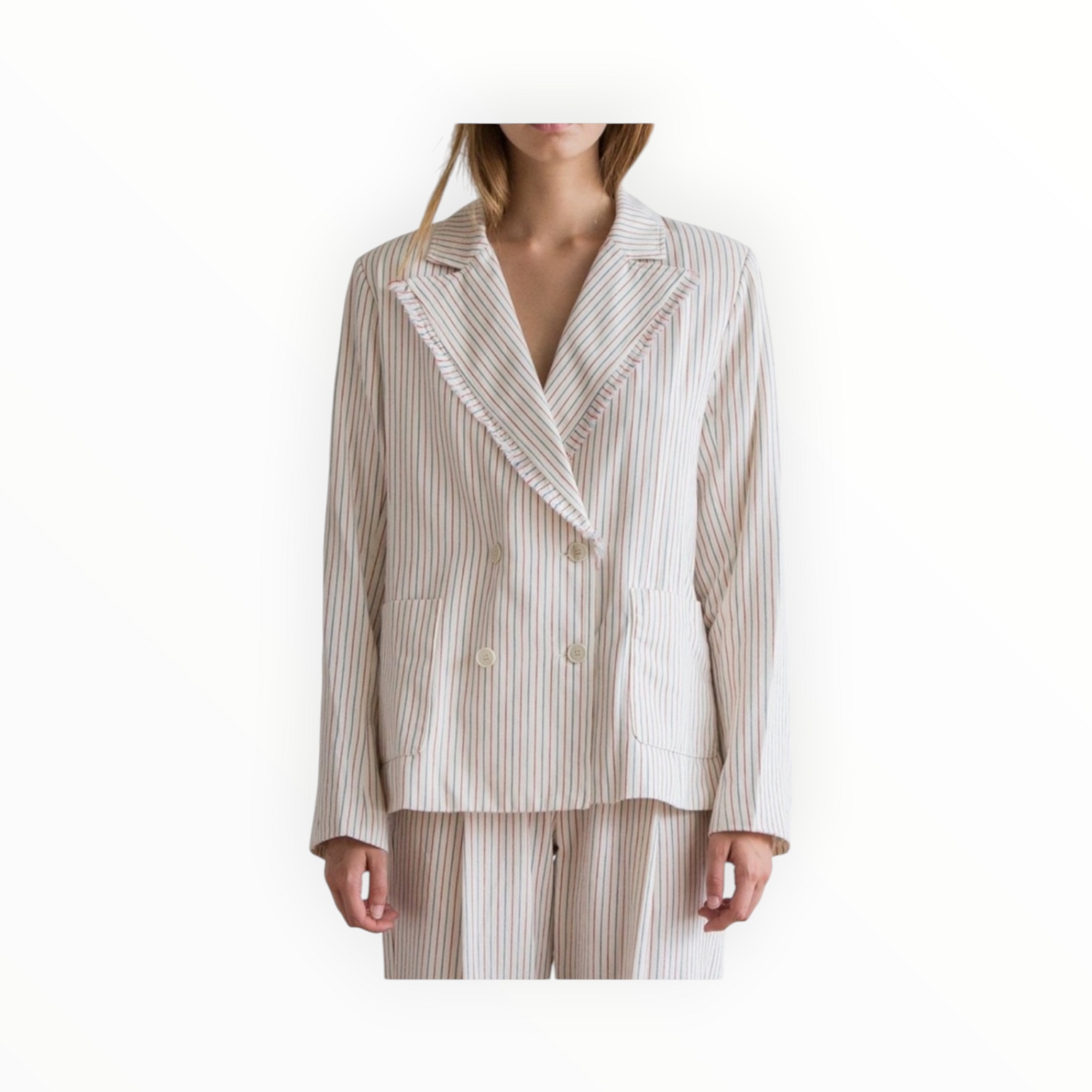Raquel Allegra Cotton Tickling Stripe Double Breasted Blazer