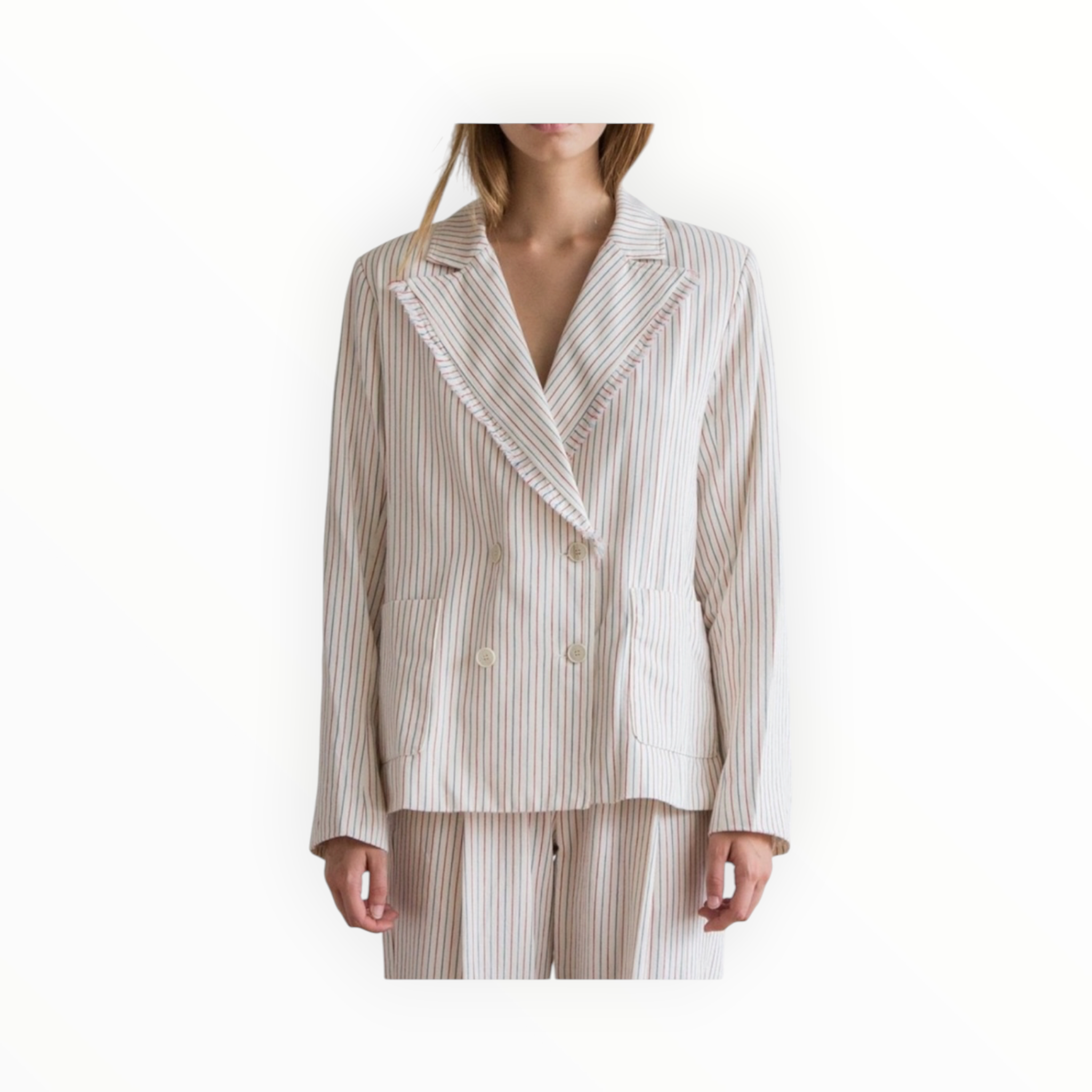 Raquel Allegra Cotton Tickling Stripe Double Breasted Blazer