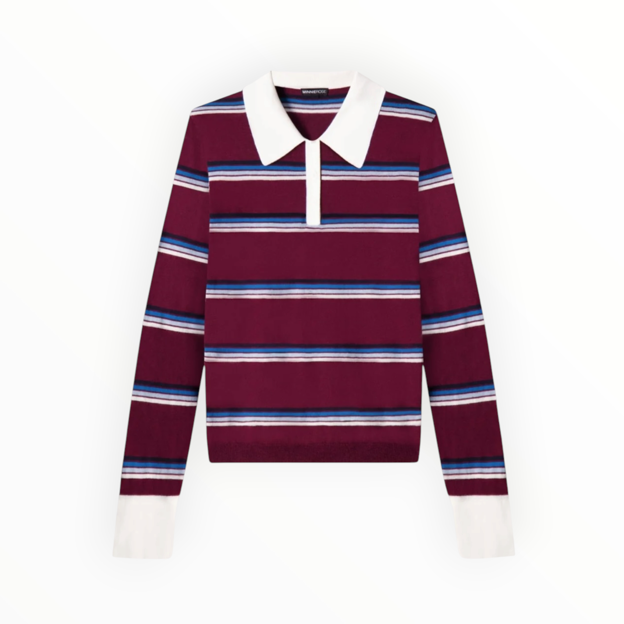 Minnie Rose Cotton Cashmere Striped Long Sleeve Collared Polo - Bordeaux Combo