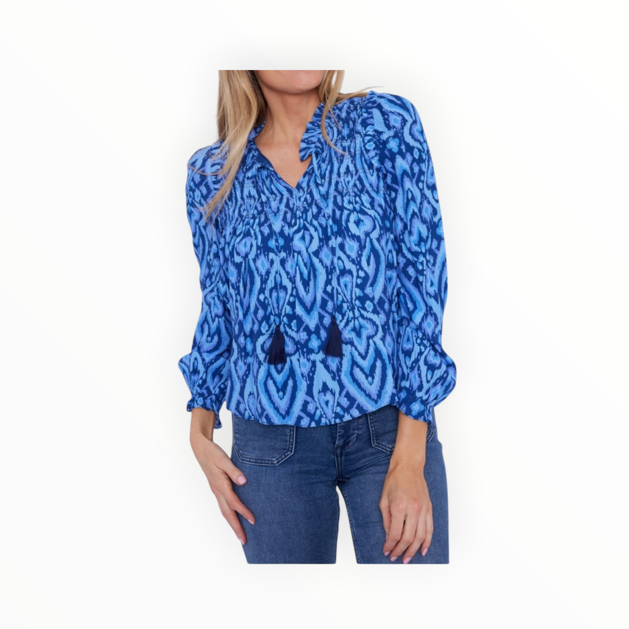Sail To Sable Blue Ikat Ruffle Neck Top with Tassels
