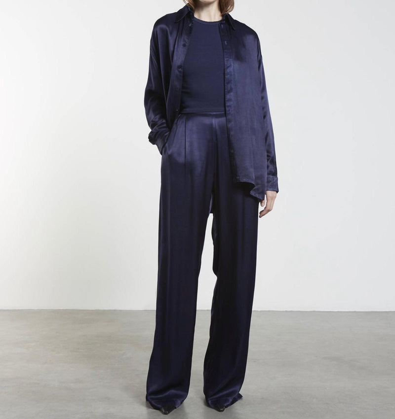 Enza Costa Satin Long Sleeve Shirt - Dark Navy