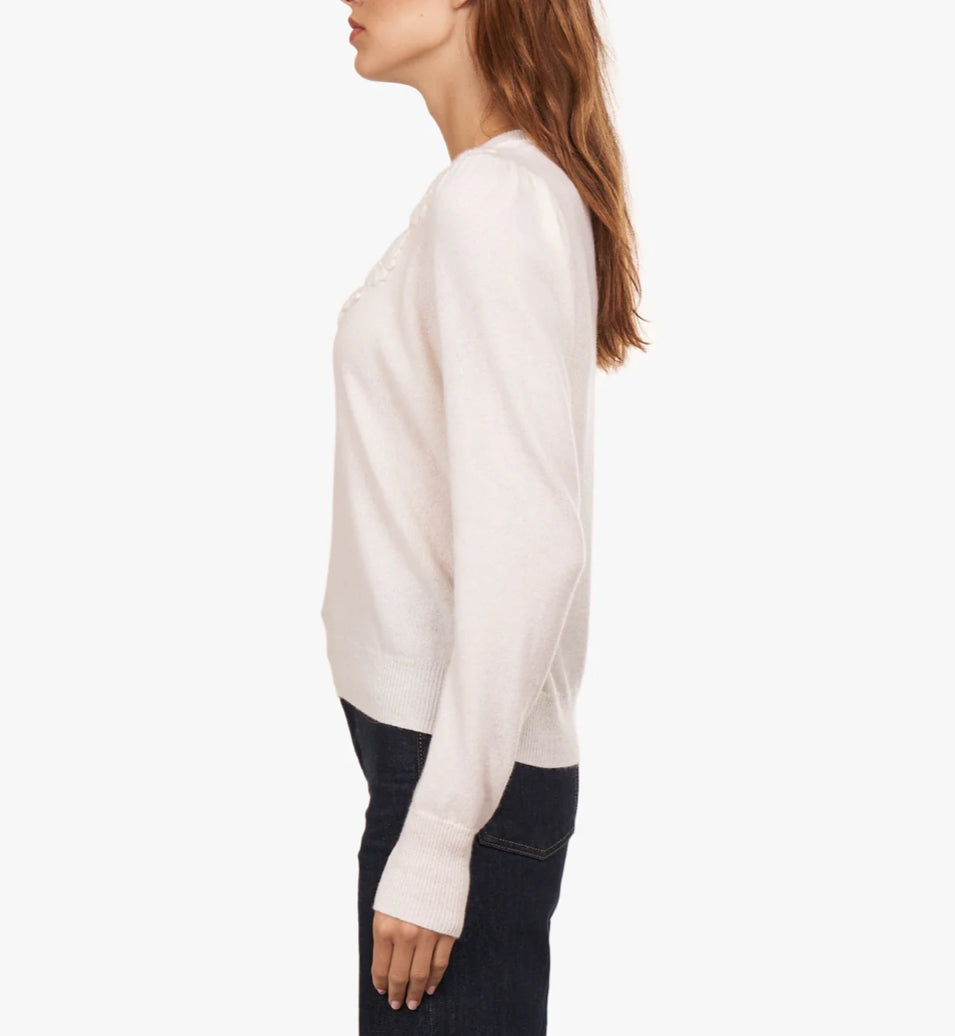 Autumn Cashmere Puff Sleeve Crew w/ Floral Hand Embroidery - Chalk