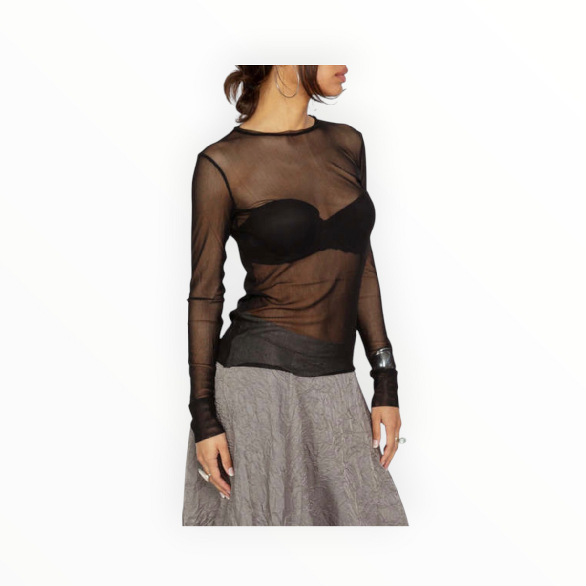 Brazeau Tricot Tulle Long Sleeve Tee - Coal Black