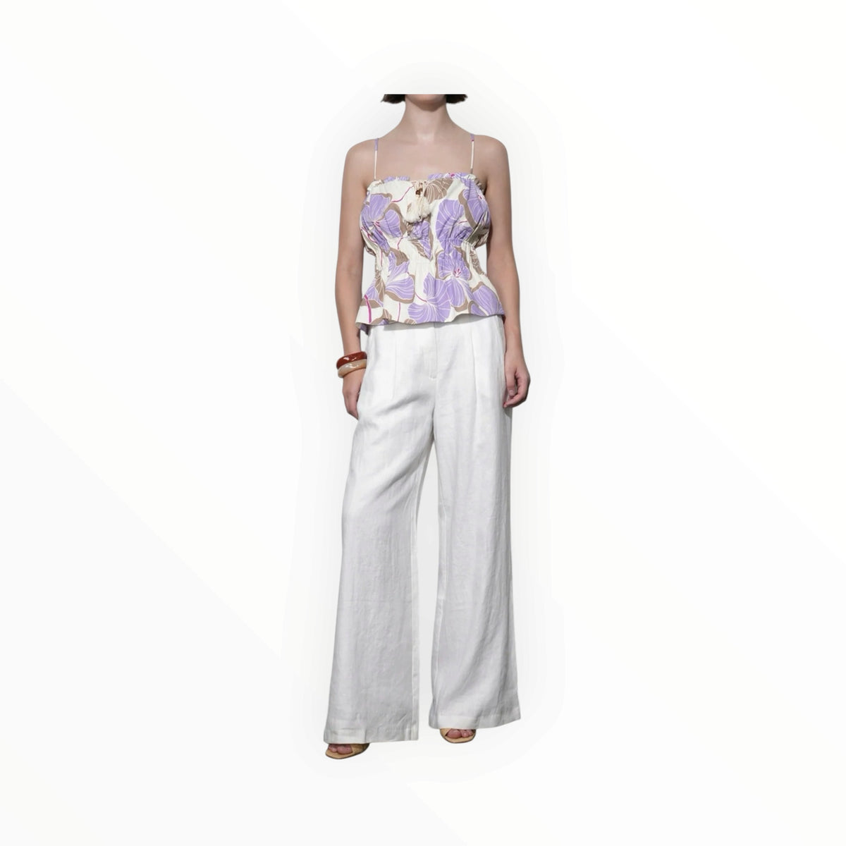 Greylin Iris Tie Front Elastic Waist Tank - Cream/Lilac