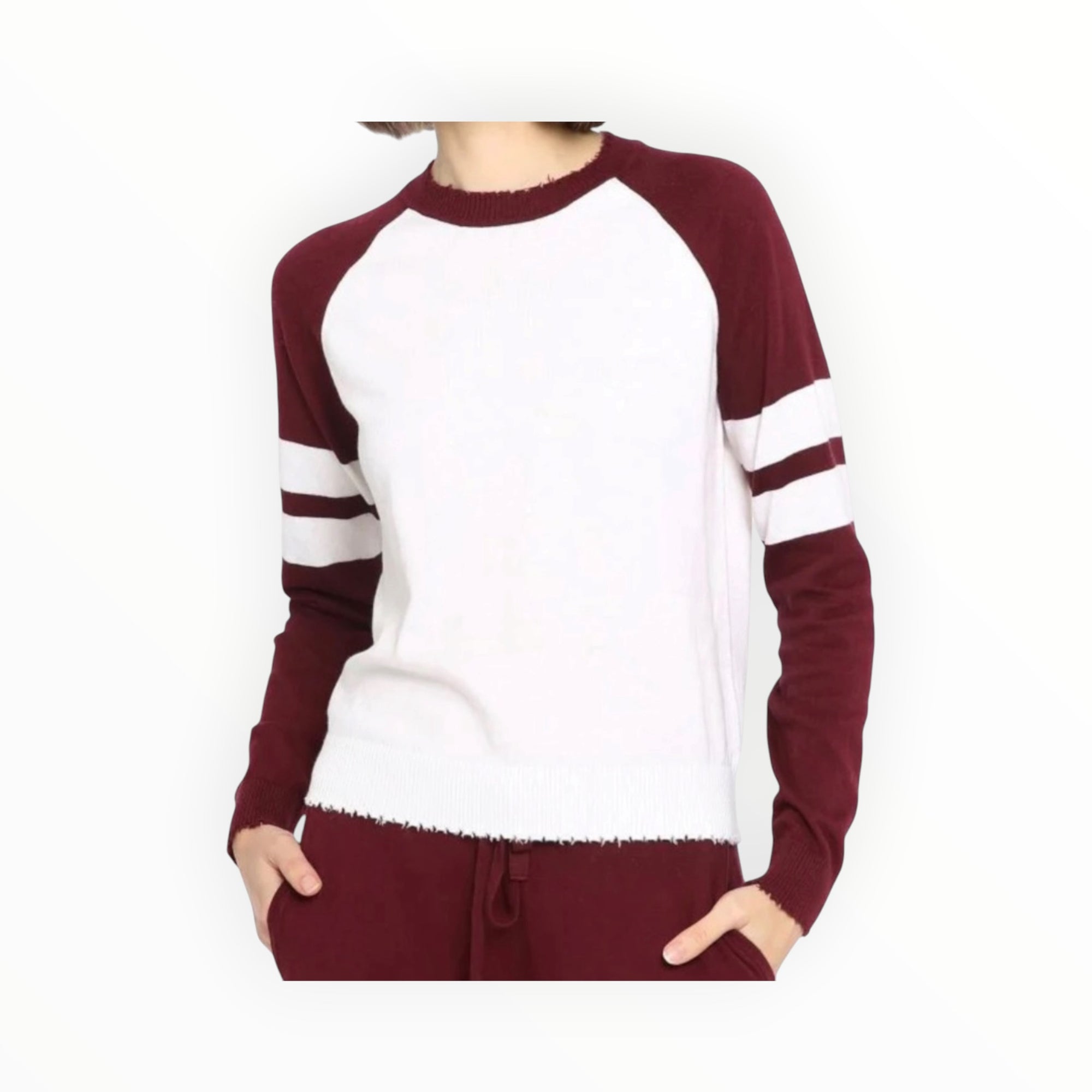 Minnie Rose Cashmere Frayed Crew With Arm Stripe