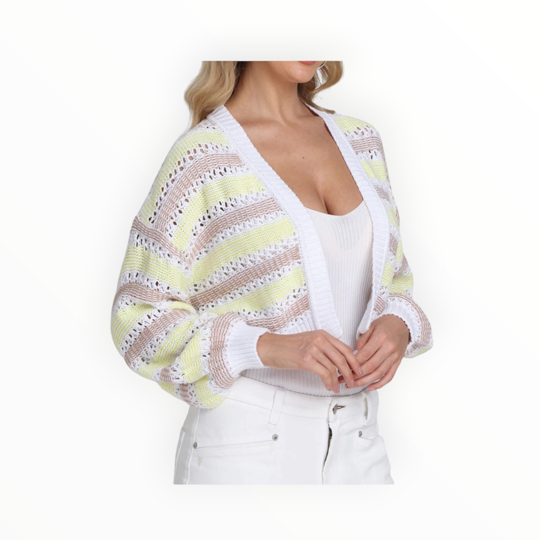 525 America Zoe Cotton Open Stitch Cardigan- Bleach White Multi
