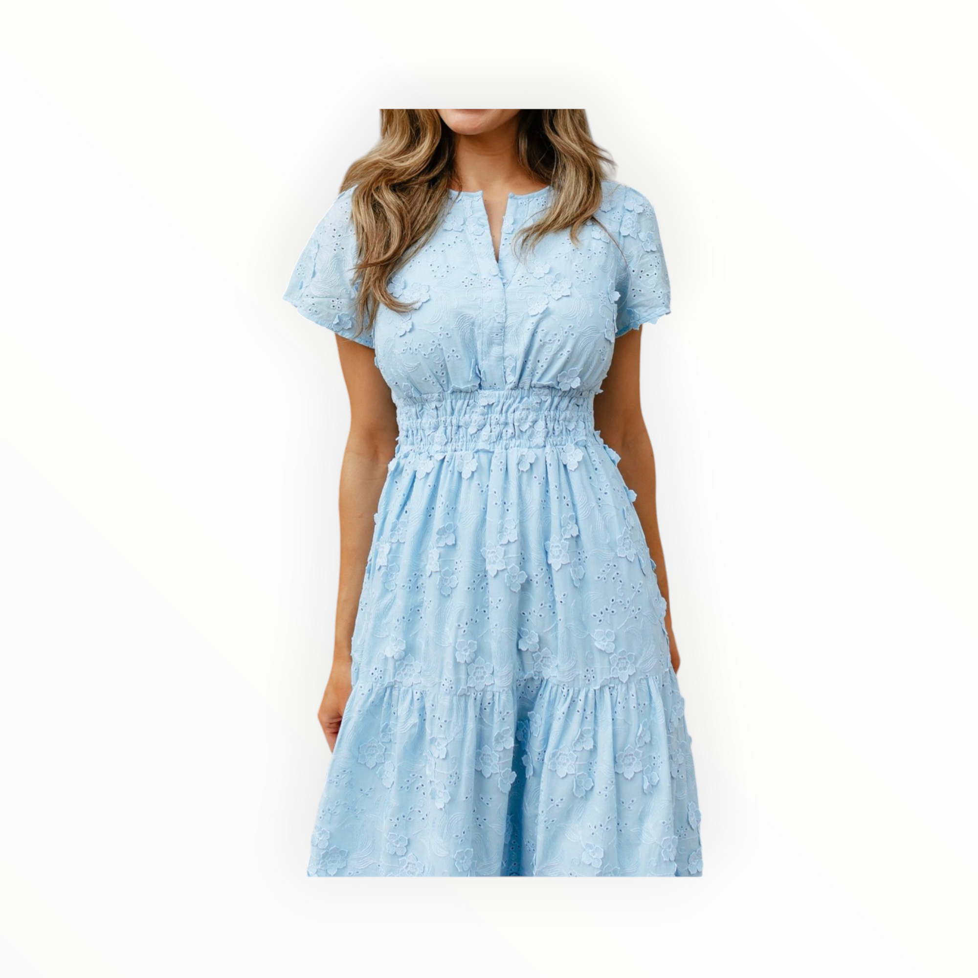Sail To Sable Sky Eyelet Cinched Waist Midi Dress