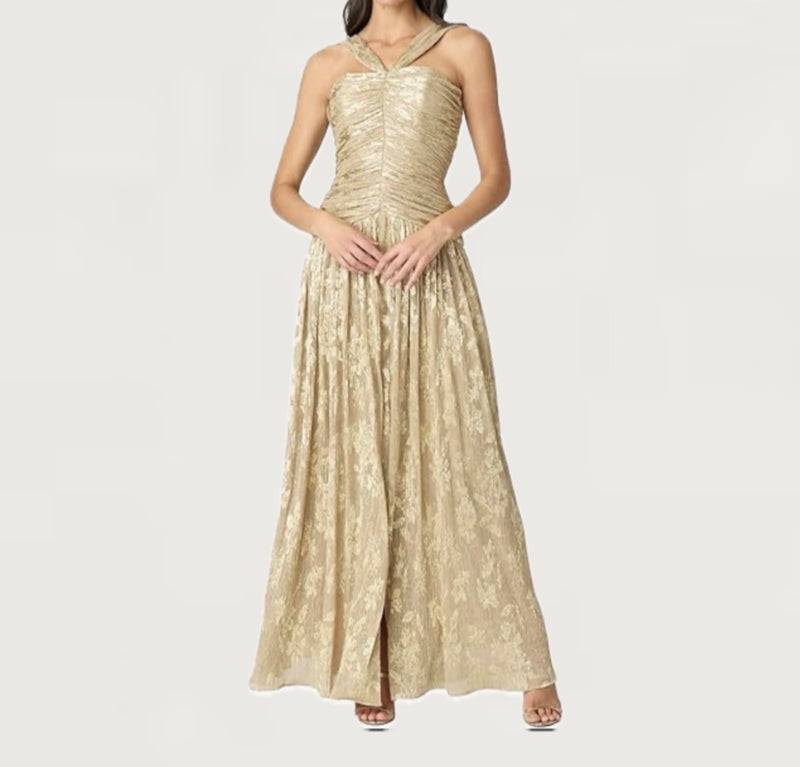 Shoshanna Midnight Gold Foil Pleated Chiffon Lora Dress