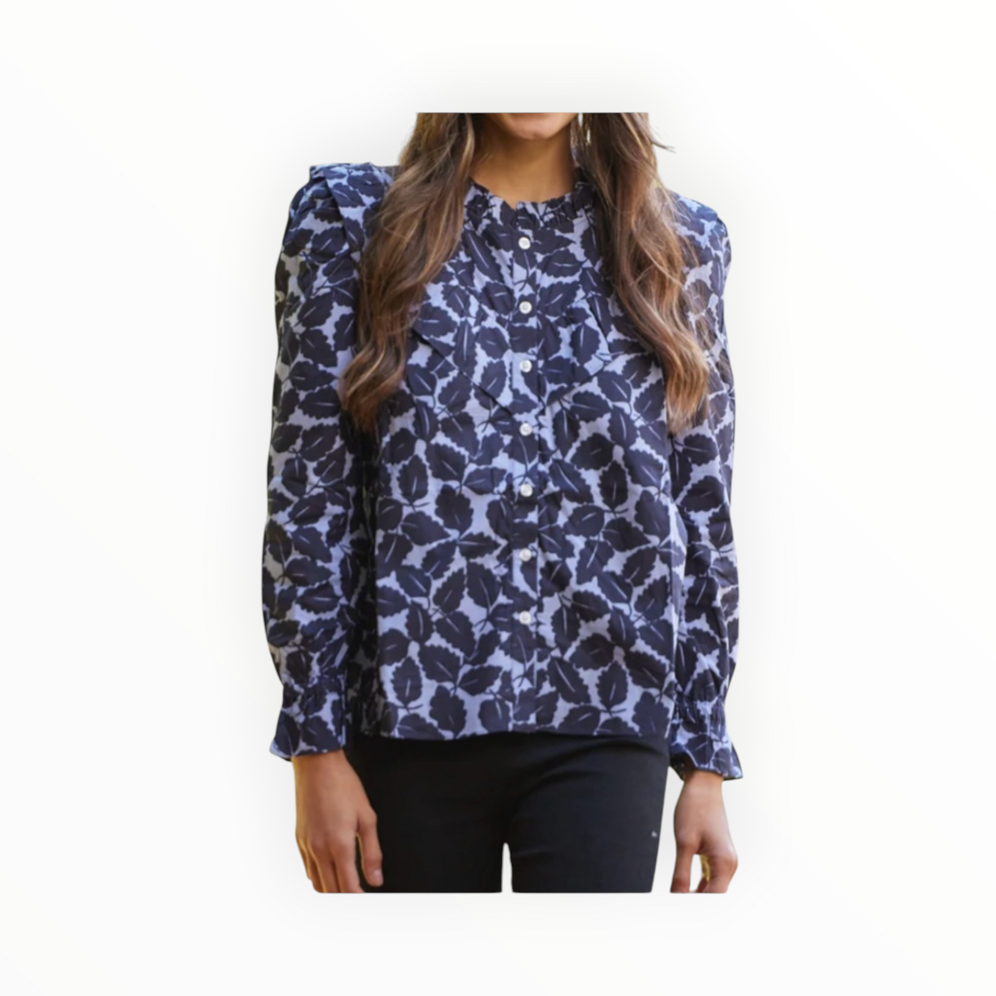 Sail To Sable Autumn Leaf Print Long Sleeve Ruffle Bib Blouse - Hydrangea/Navy