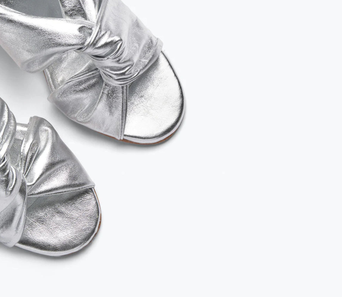 Frēda Salvador Valentina Ruched Mid-Heel Sandal - Silver Calf