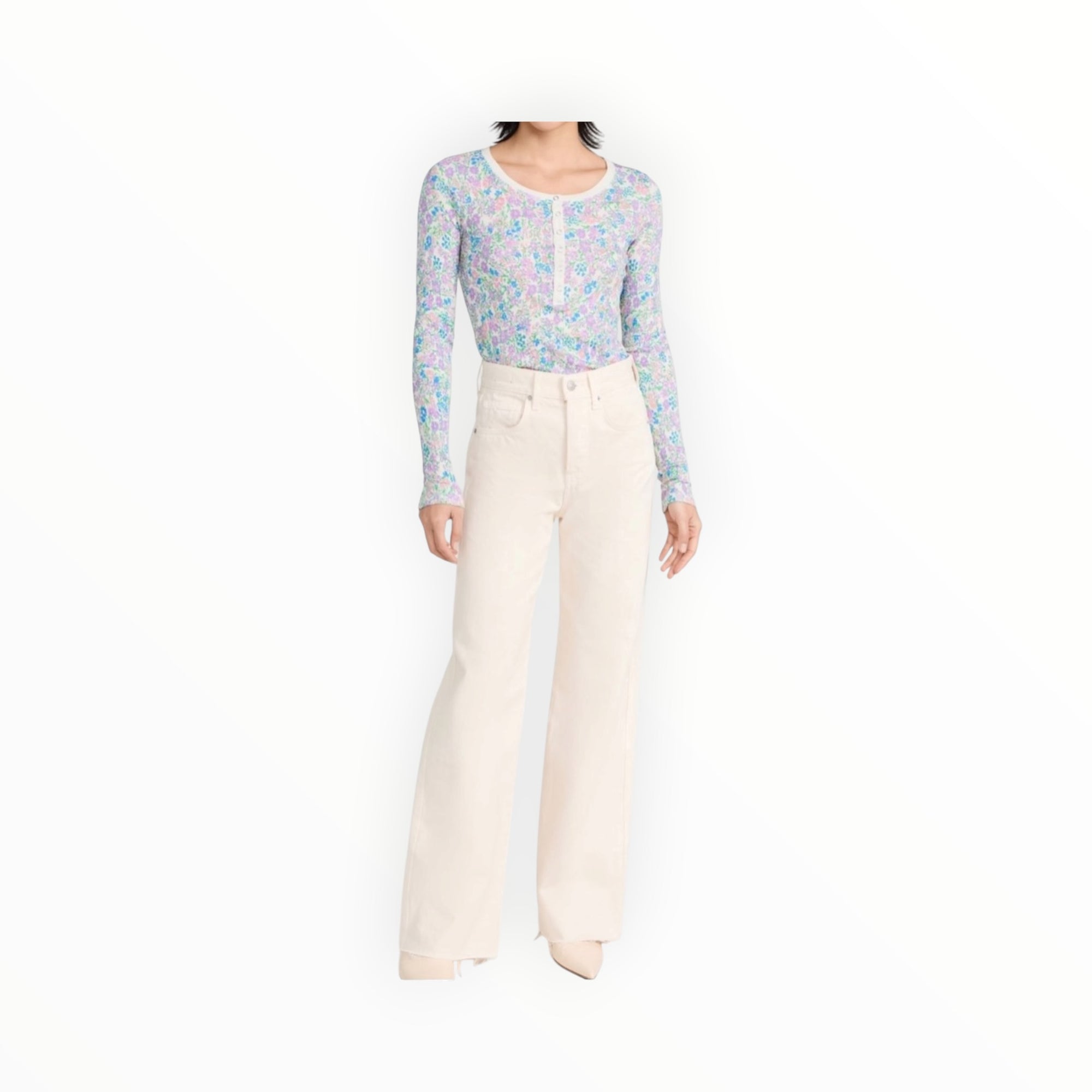 Sundry Vida Floral Henley - Oat Milk