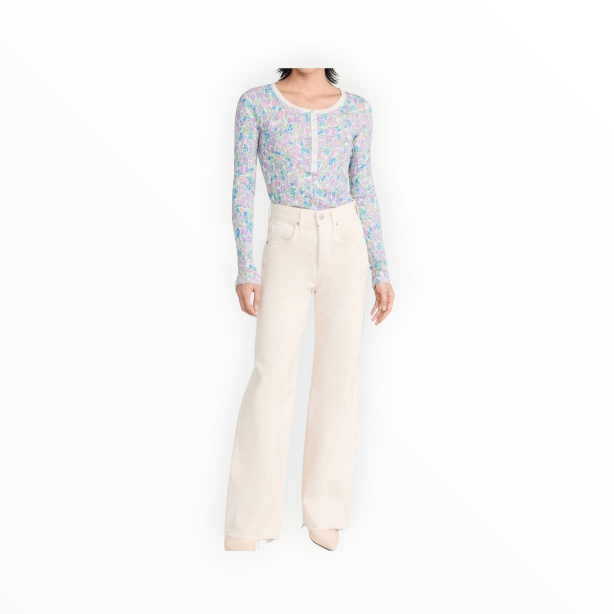 Sundry Vida Floral Henley - Oat Milk
