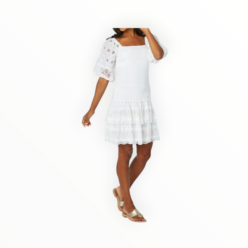 Sail To Sable Puff Sleeve Smocked Eyelet Dress - White
