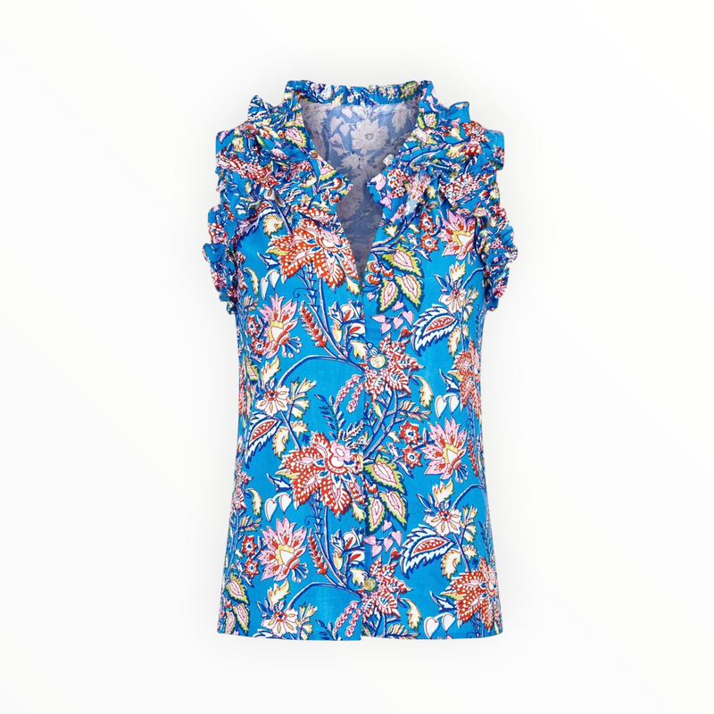 La Plage Butterfly Top in Confetti Block Print - Blue Multi