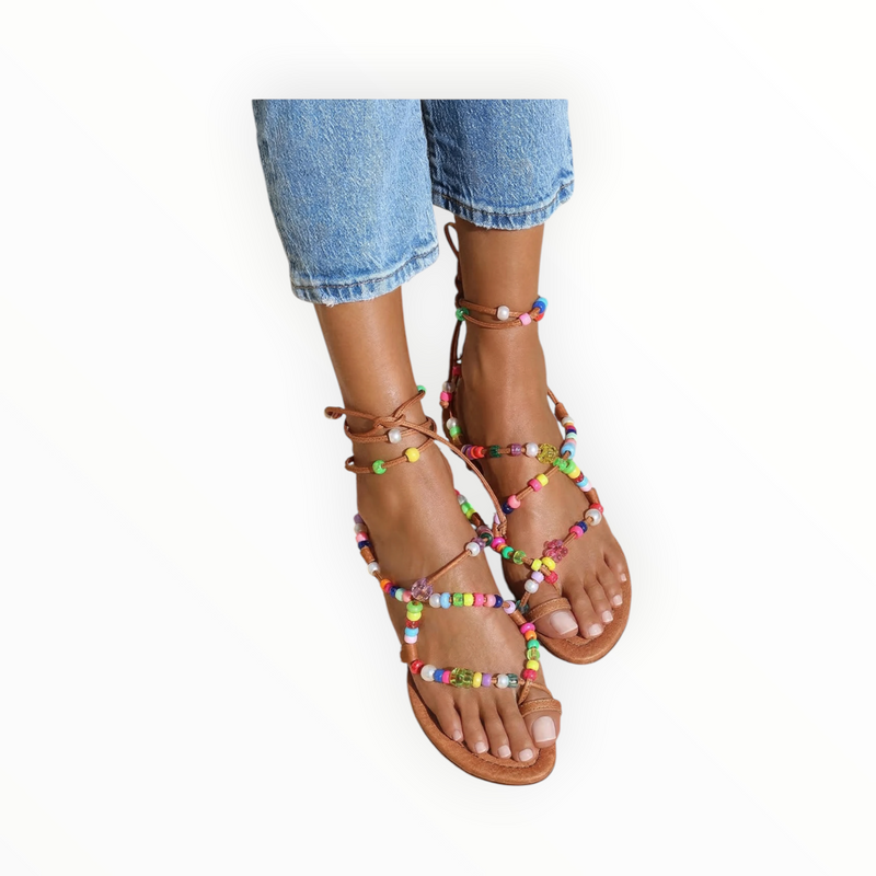 Alameda Turquesa Alegria Beaded Sandals - Tan Leather