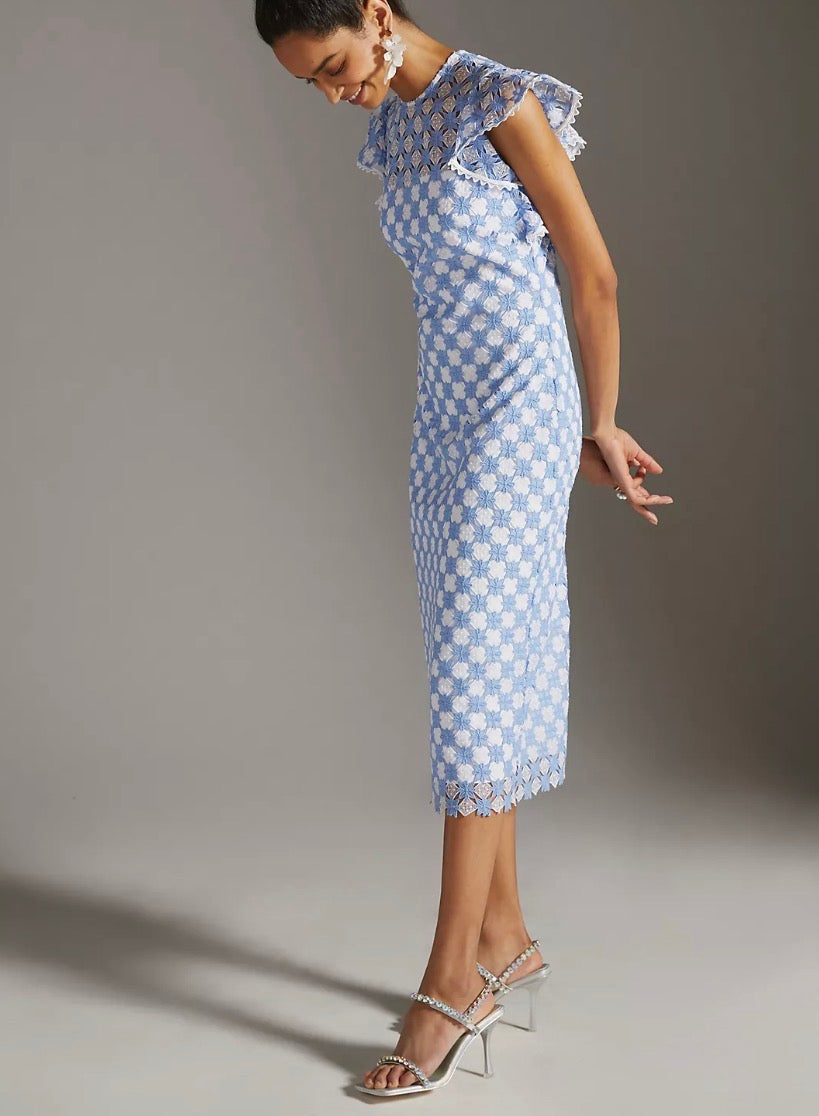 Shoshanna Rachel Embroidered Ruffle Dress - Sky Blue/Optic White