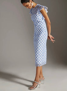 Shoshanna Rachel Embroidered Ruffle Dress - Sky Blue/Optic White