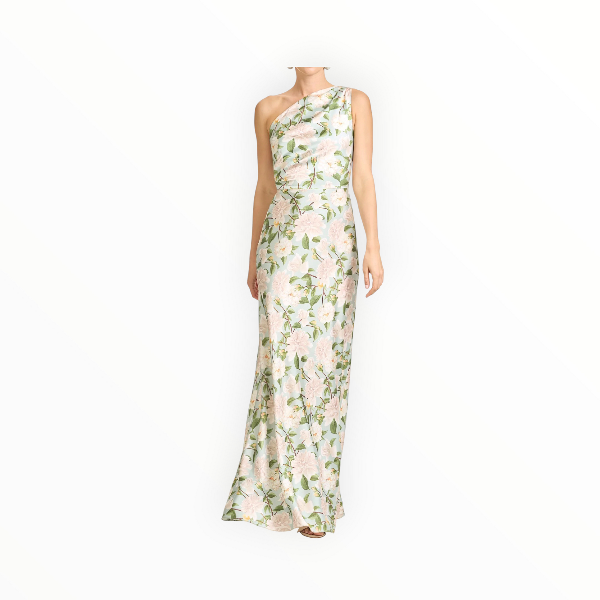 Sachin & Babi Delphine Mint Green Floral One Shoulder A-Line Gown - Celadon Sweetbriar