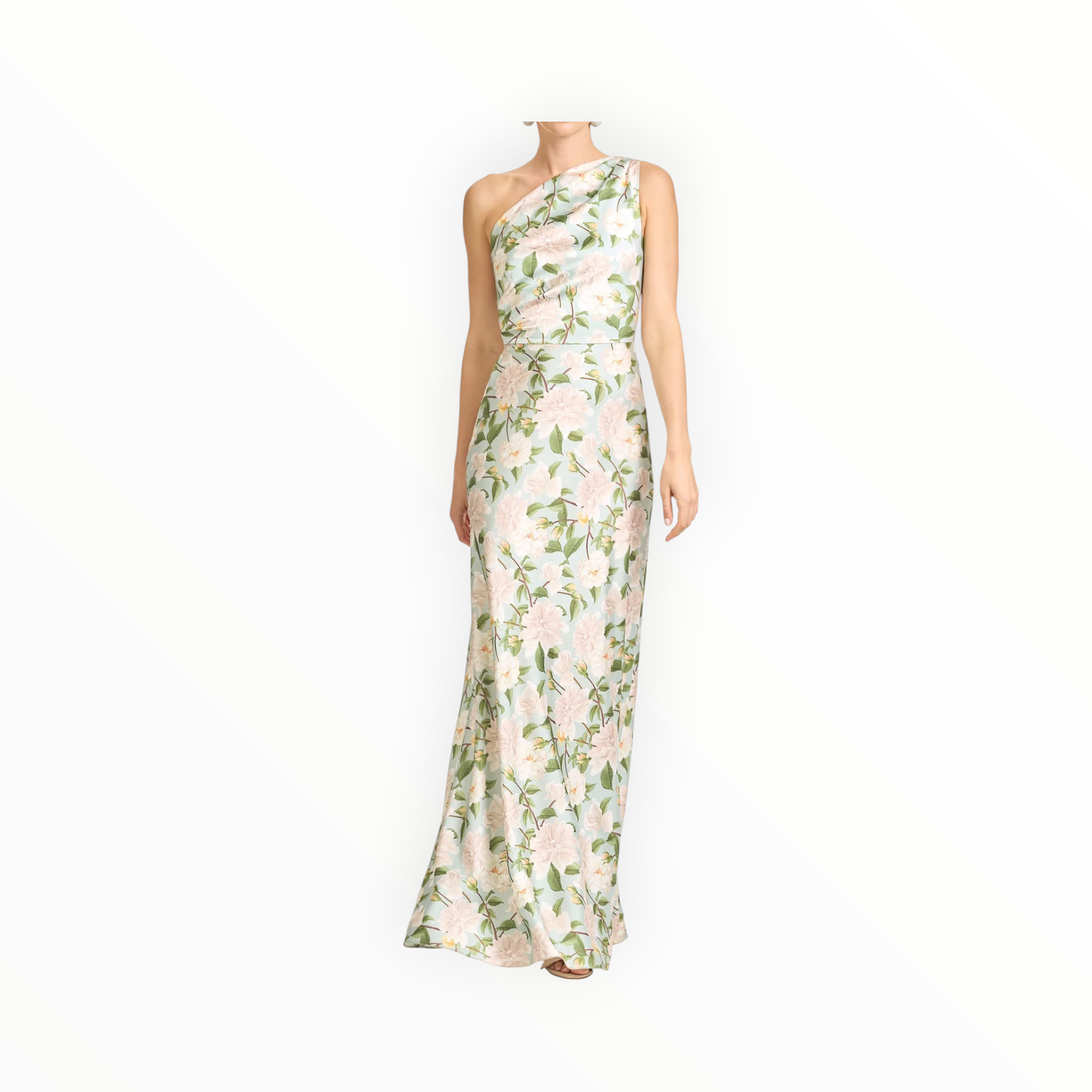 Sachin & Babi Delphine Mint Green Floral One Shoulder A-Line Gown - Celadon Sweetbriar