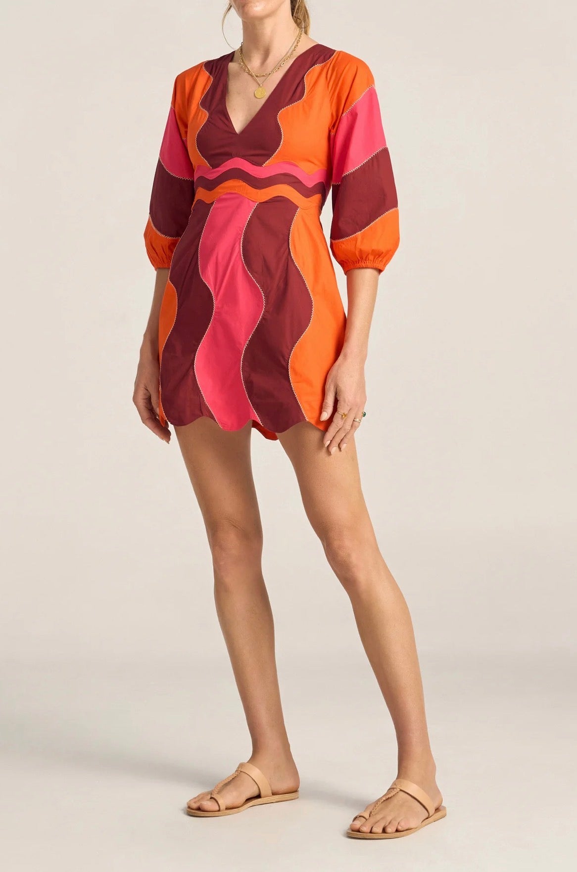 ILIO NEMA Wave Patchwork Poplin Leda Dress - Red/Pink