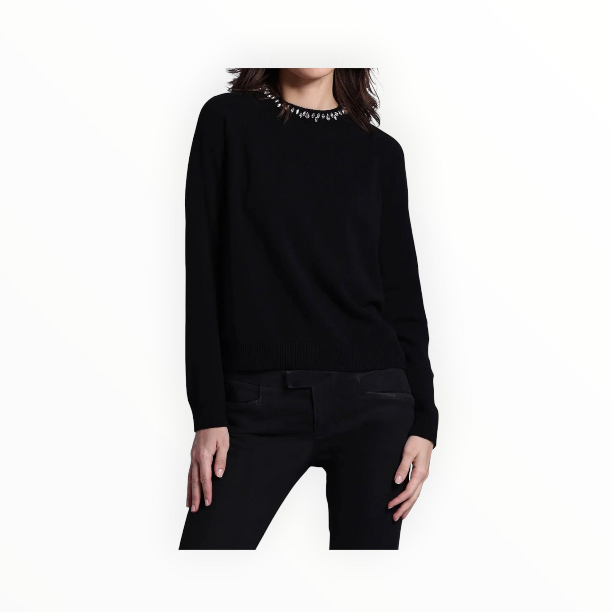 Minnie Rose Cotton Cashmere Raglan Crew Jewel Neck - Black