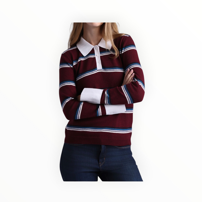 Minnie Rose Cotton Cashmere Striped Long Sleeve Collared Polo - Bordeaux Combo