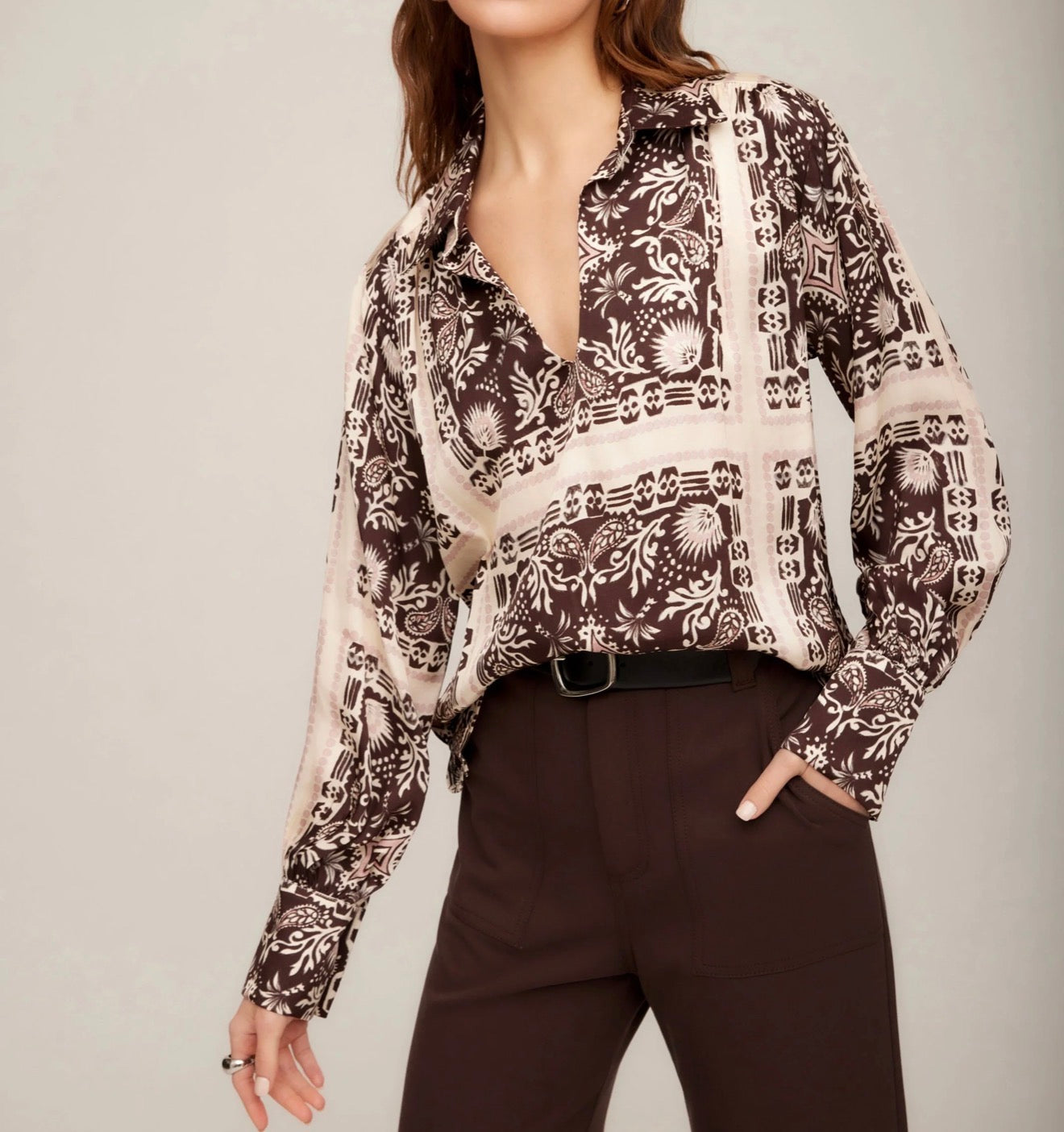 Fifteen Twenty Tess Half Placket Shirt - Earthy Block Print