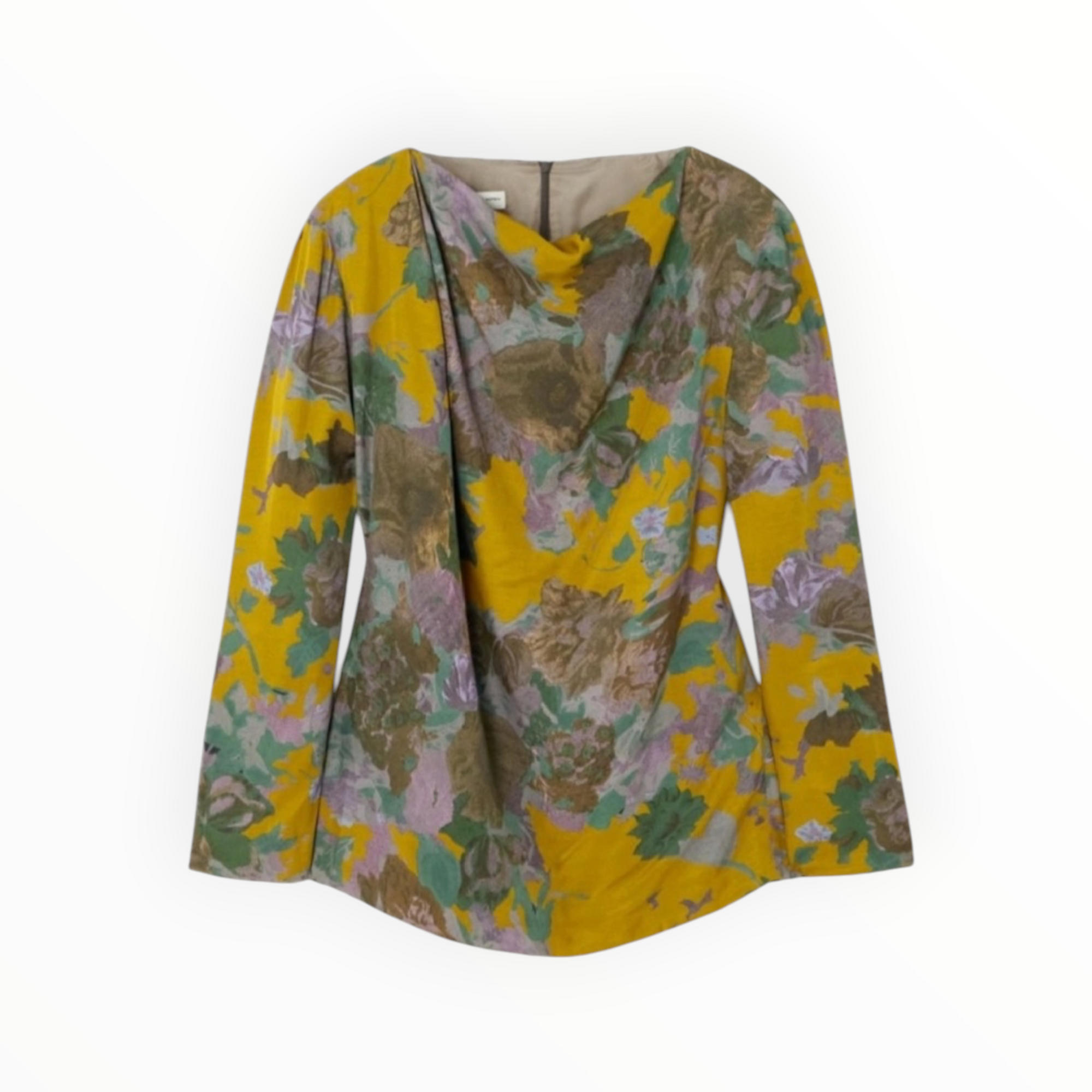 Dries Van Noten Floral Print Draped Crepe Top - Mustard