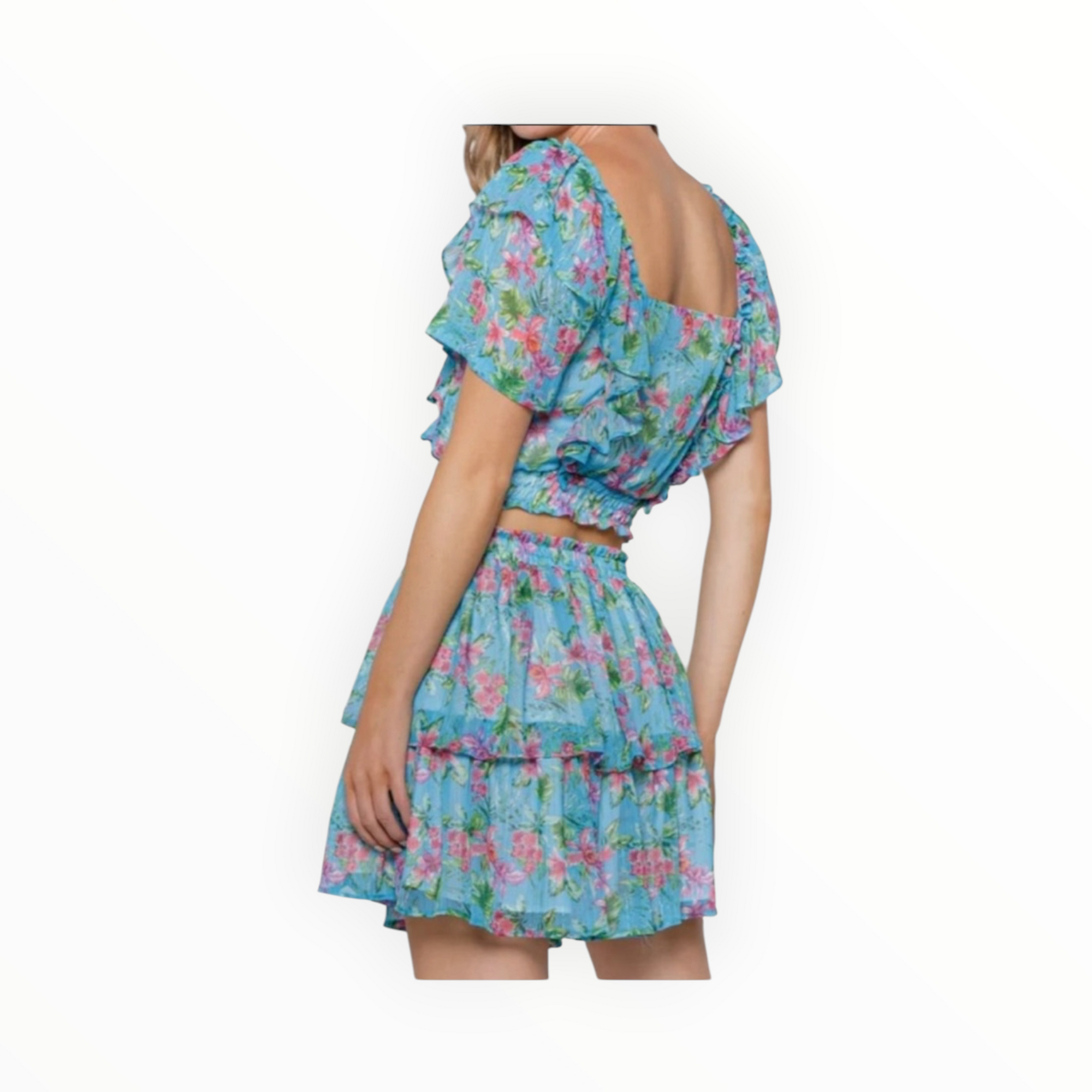 Lavender Brown Ruffle Mini Skirt - Aqua Multi