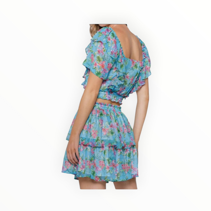 Lavender Brown Ruffle Mini Skirt - Aqua Multi