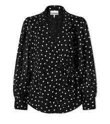 GANNI Printed Light Crepe Wrap Shirt - Black