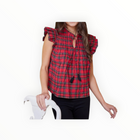 Sail to Sable Tartan Flutter Sleeve Top with Tassels - Red