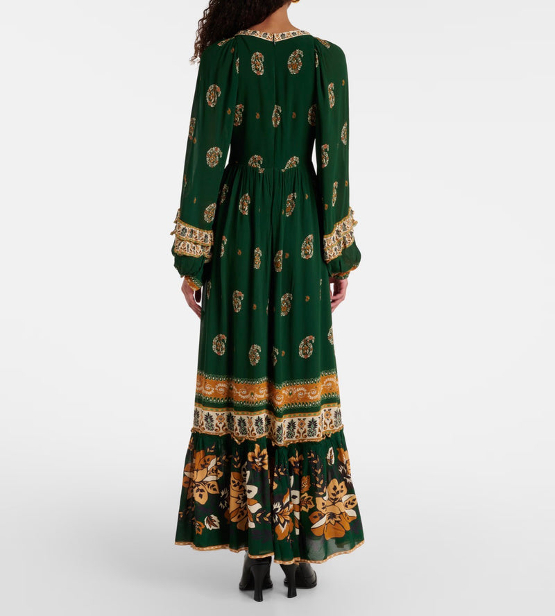 FARM Rio Green Ayla Long Sleeve Ruffled Maxi Dress