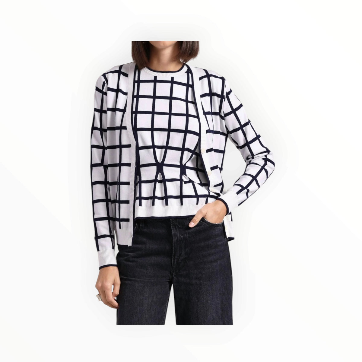 Minnie Rose Windowpane V-Neck Cardigan - White/Navy