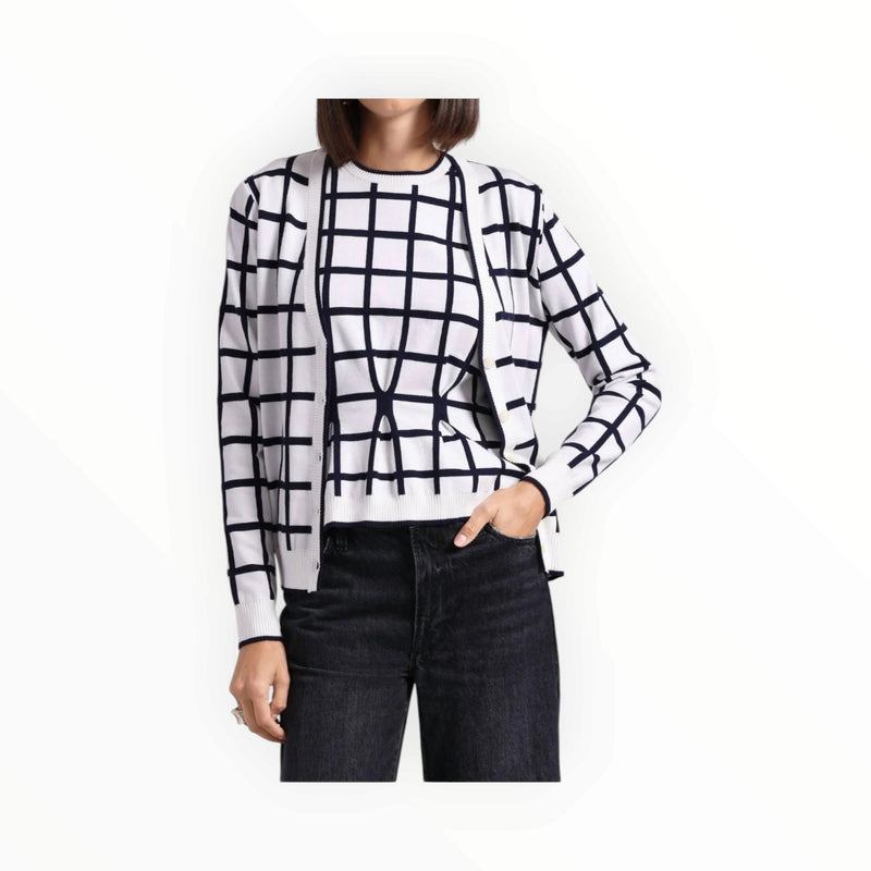 Minnie Rose Windowpane V-Neck Cardigan - White/Navy