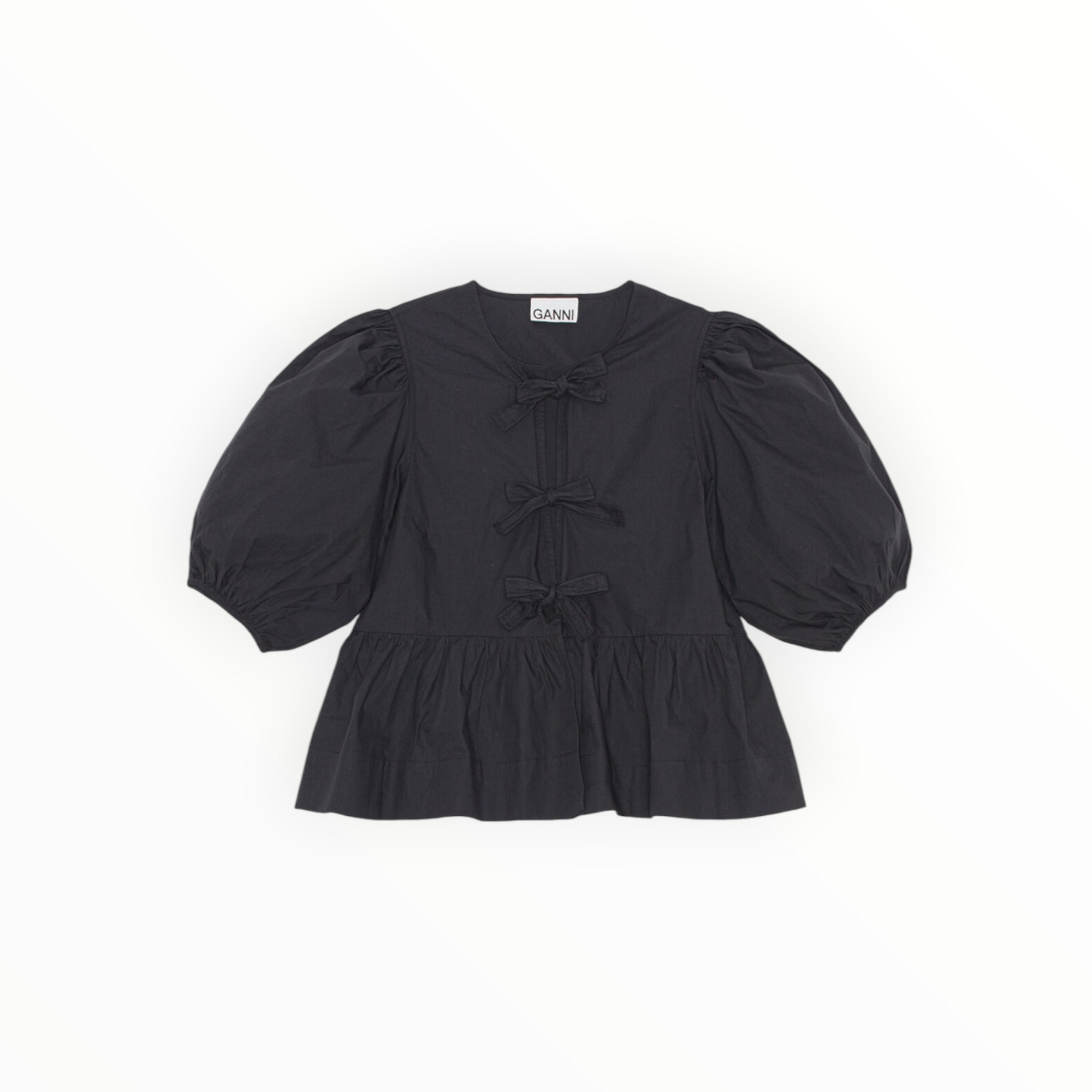 GANNI Cotton Poplin Peplum Tie Blouse - Black