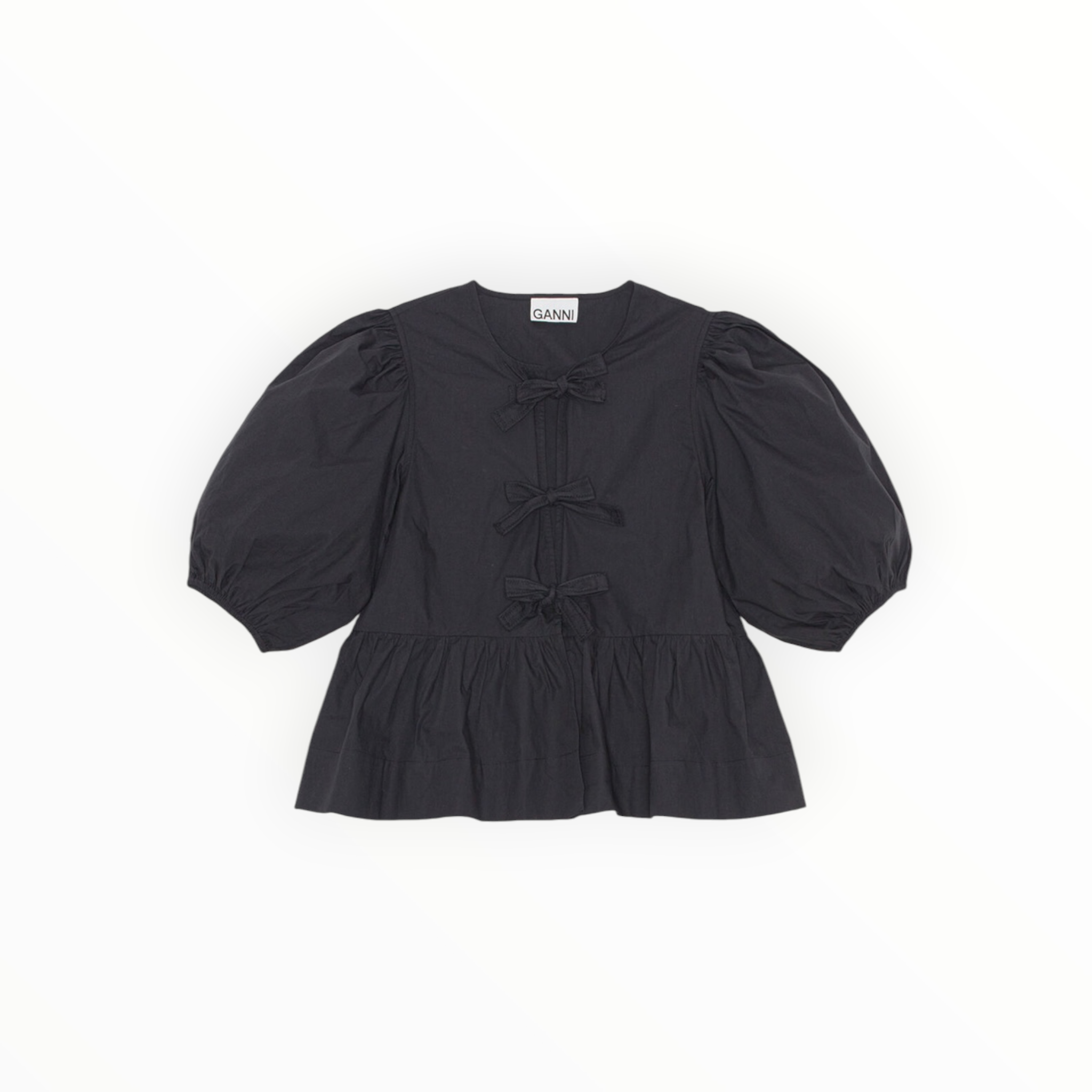 GANNI Cotton Poplin Peplum Tie Blouse - Black